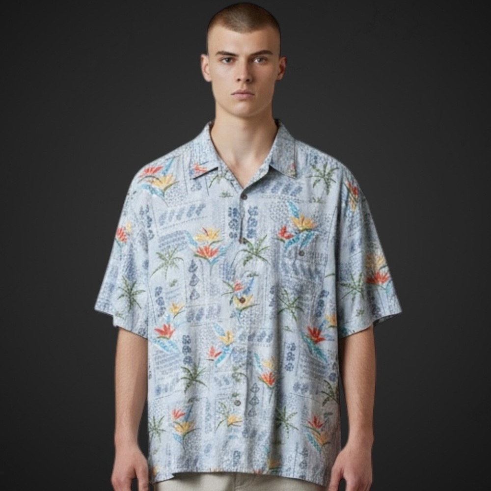 Island Shores Mens Floral Button Up‎ Shirt Size XL Blue 100% Cotton Vacation